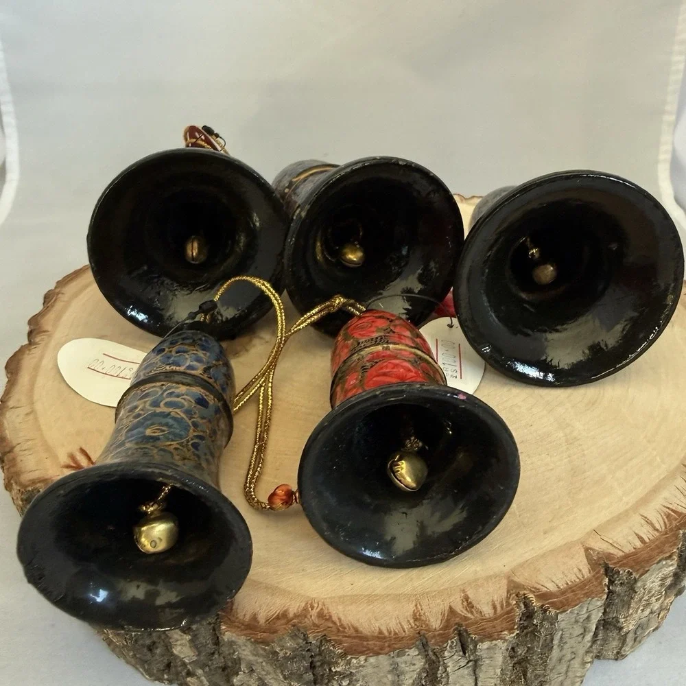 Set Of 5 Lacquer Paper Mache Kashmiri Art Hand Painted Bells That Ring 4